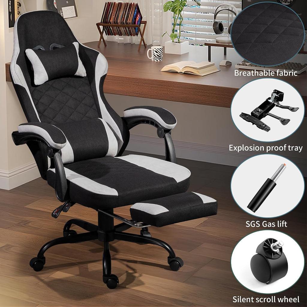 Gaming Chair with Footrest for Adults - Ergonomic Gaming Chairs with Foot Rest - Big and Tall Computer Game Chair - Fabric Reclining Video Game Chairs with Spring Cushion - Black/Light Grey