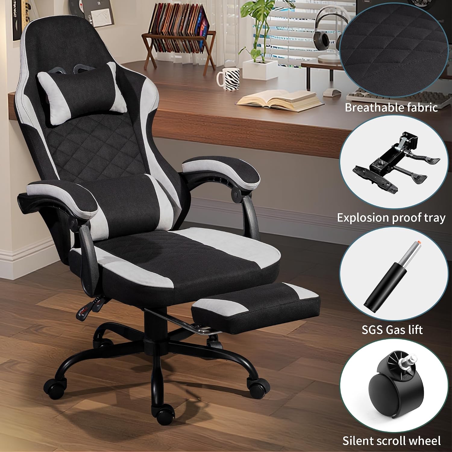 Gaming Chair with Footrest for Adults - Ergonomic Gaming Chairs with Foot Rest - Big and Tall Computer Game Chair - Fabric Reclining Video Game Chairs with Spring Cushion - Black/Light Grey