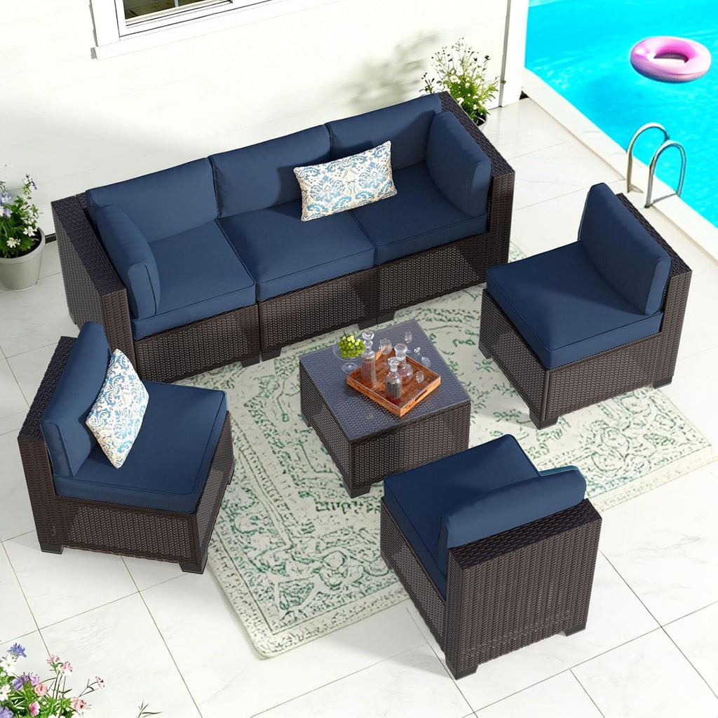 7 Piece Patio Furniture Set, Wicker Patio Conversation Sets, Outdoor Sectional Furniture with Tempered Glass Table, for Backyard, Deck, Garden, Dark Brown Rattan & Navy Blue Cushions