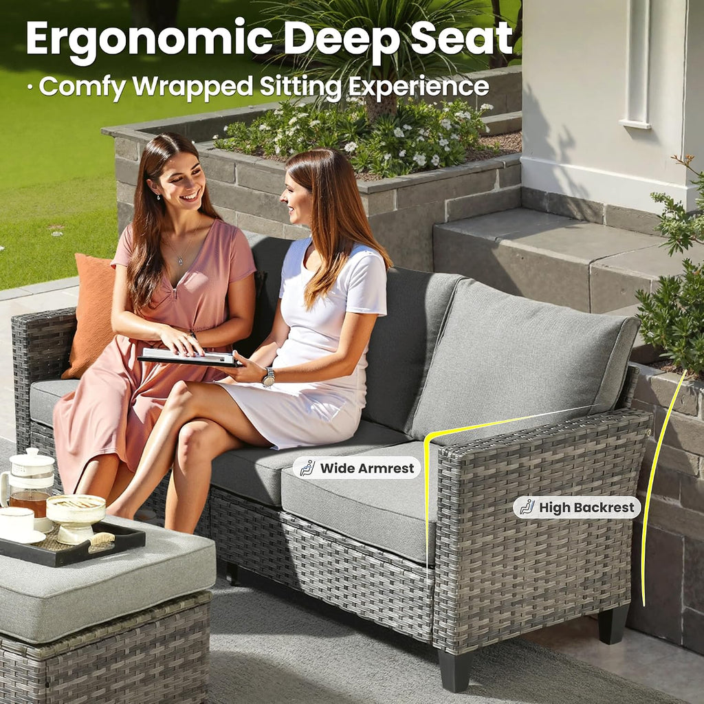 ovios 8 Pieces Patio Furniture Set, Outdoor Wicker Sofa Couch with Swivel Chairs, Rocking Glider Rocker with Comfy Cushions All Weather Rattan Conversation Set, Dark Grey