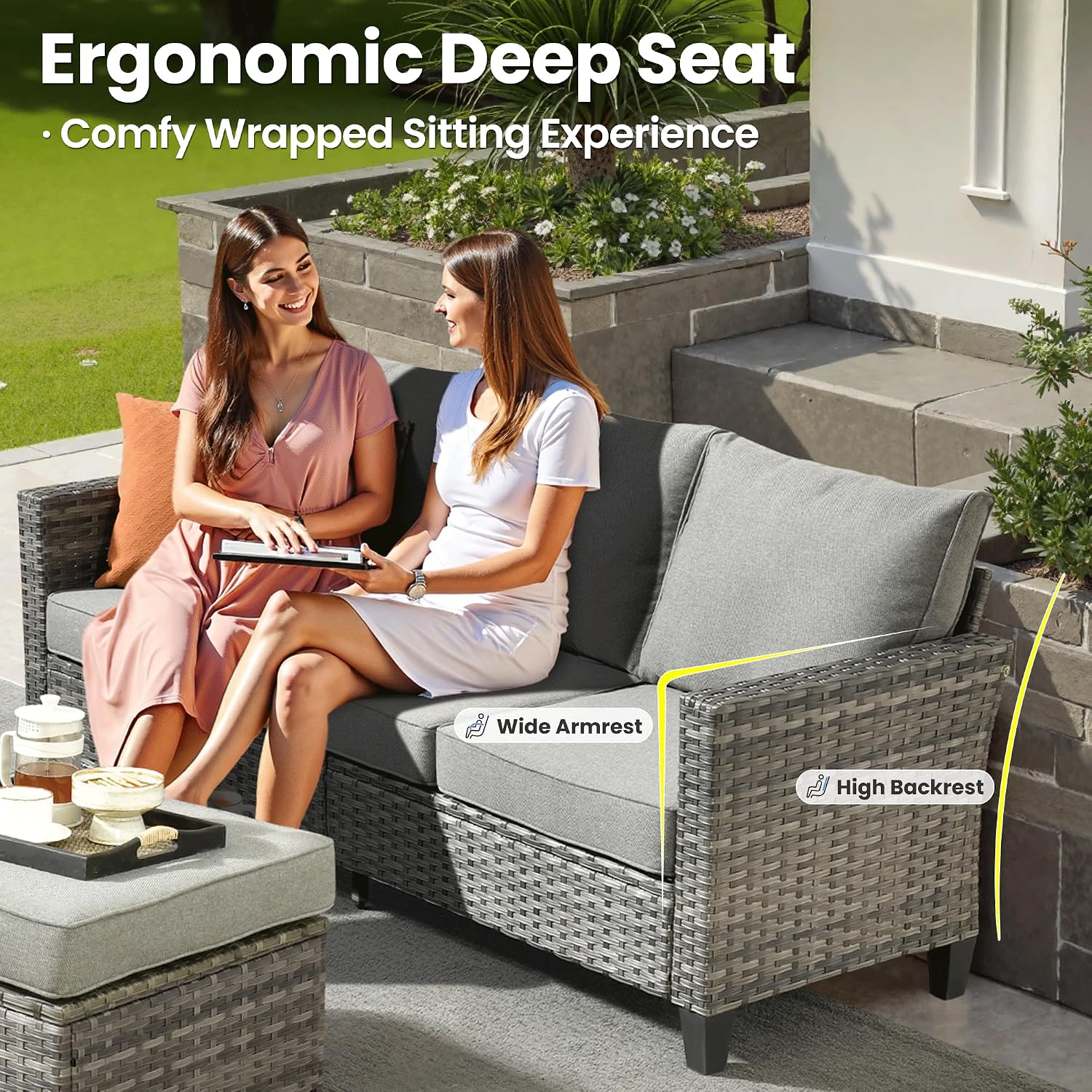 ovios 8 Pieces Patio Furniture Set, Outdoor Wicker Sofa Couch with Swivel Chairs, Rocking Glider Rocker with Comfy Cushions All Weather Rattan Conversation Set, Dark Grey