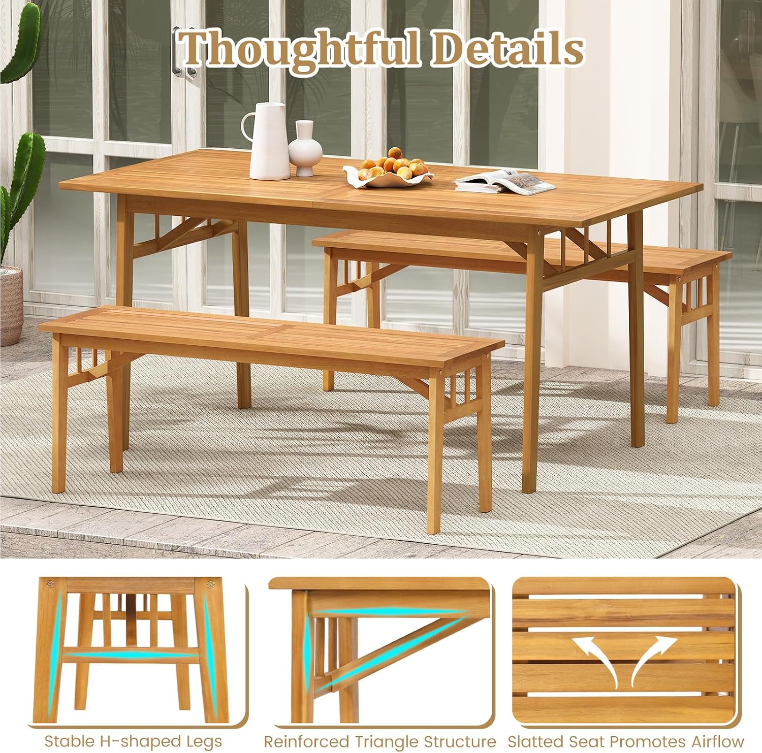 Tangkula Outdoor Acacia Wood Bench Set of 2, 48' Patio Dining Bench with Slatted Seat, Backless Wooden Entryway Bench, Farmhouse Indoor Outdoor Furniture for Garden, Poolside, Park & Deck