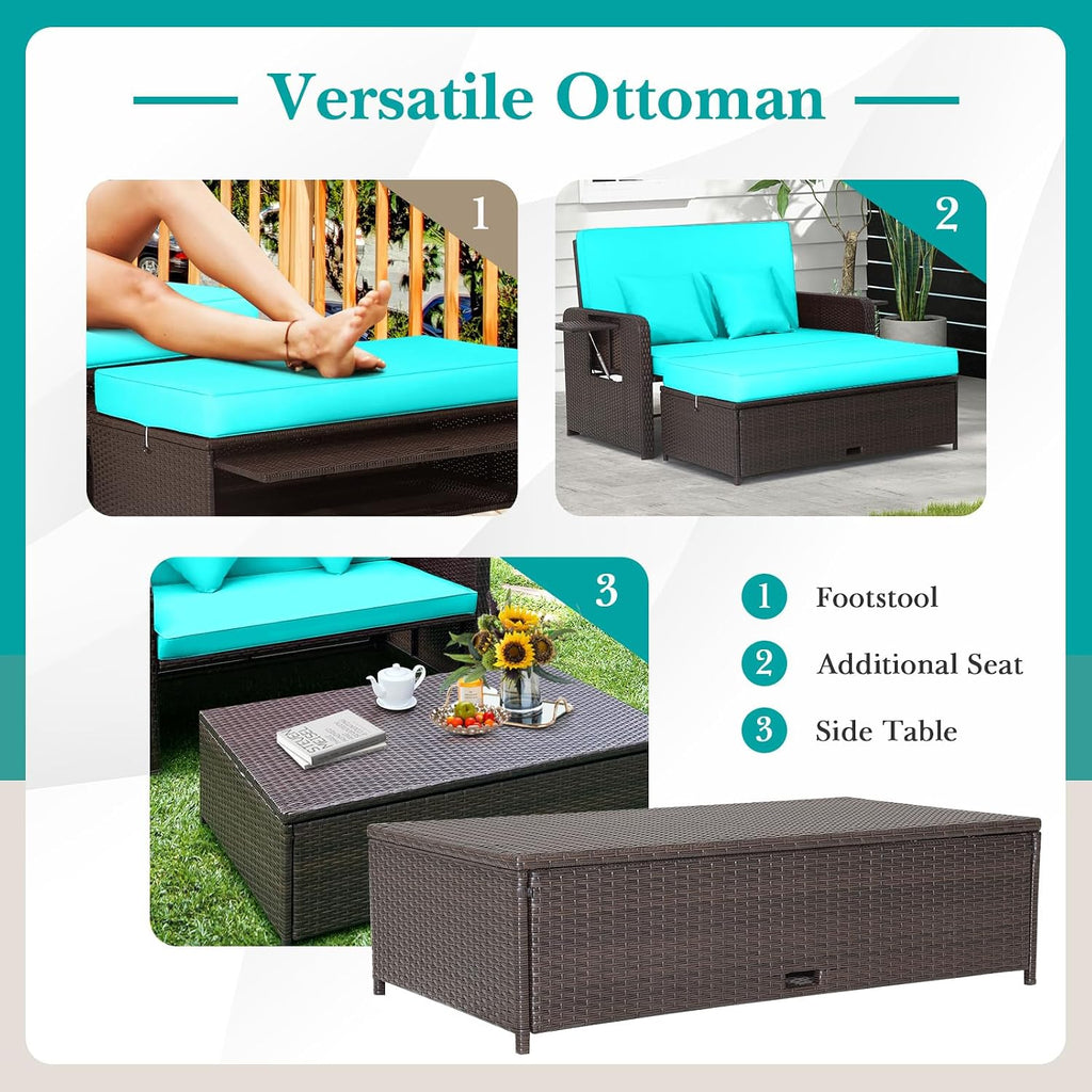 Tangkula Patio Rattan Daybed with 4-Level Adjustable Backrest, Outdoor PE Wicker Loveseat with Storage Ottoman & Folding Side Tray, Double Sunbed Lounger for Balcony, Backyard & Poolside, Turquoise