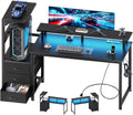 DUMOS L Shaped Gaming Desk with Shelves Storage Drawers 52'', Black Computer Desks with LED Lights Power Outlets, Office Wood Table with PC Stand Cable Management for Bedroom Dual Monitor Streaming