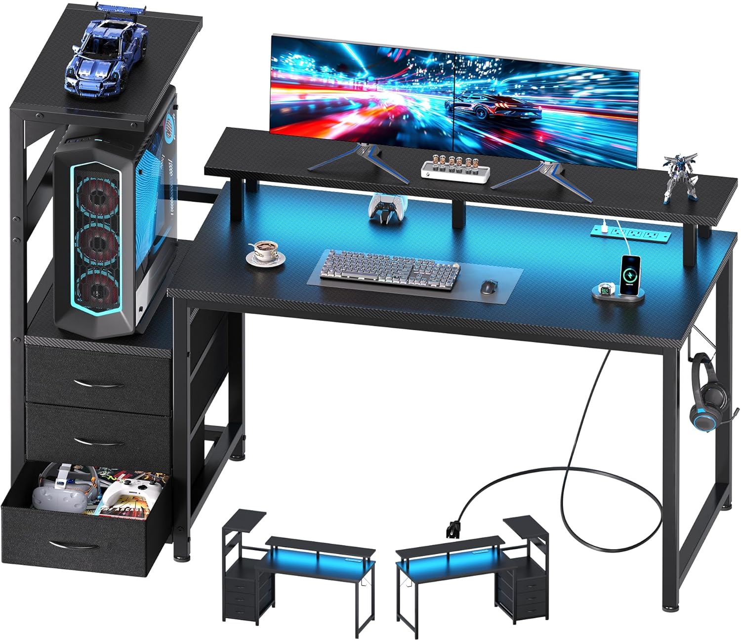 DUMOS L Shaped Gaming Desk with Shelves Storage Drawers 52'', Black Computer Desks with LED Lights Power Outlets, Office Wood Table with PC Stand Cable Management for Bedroom Dual Monitor Streaming