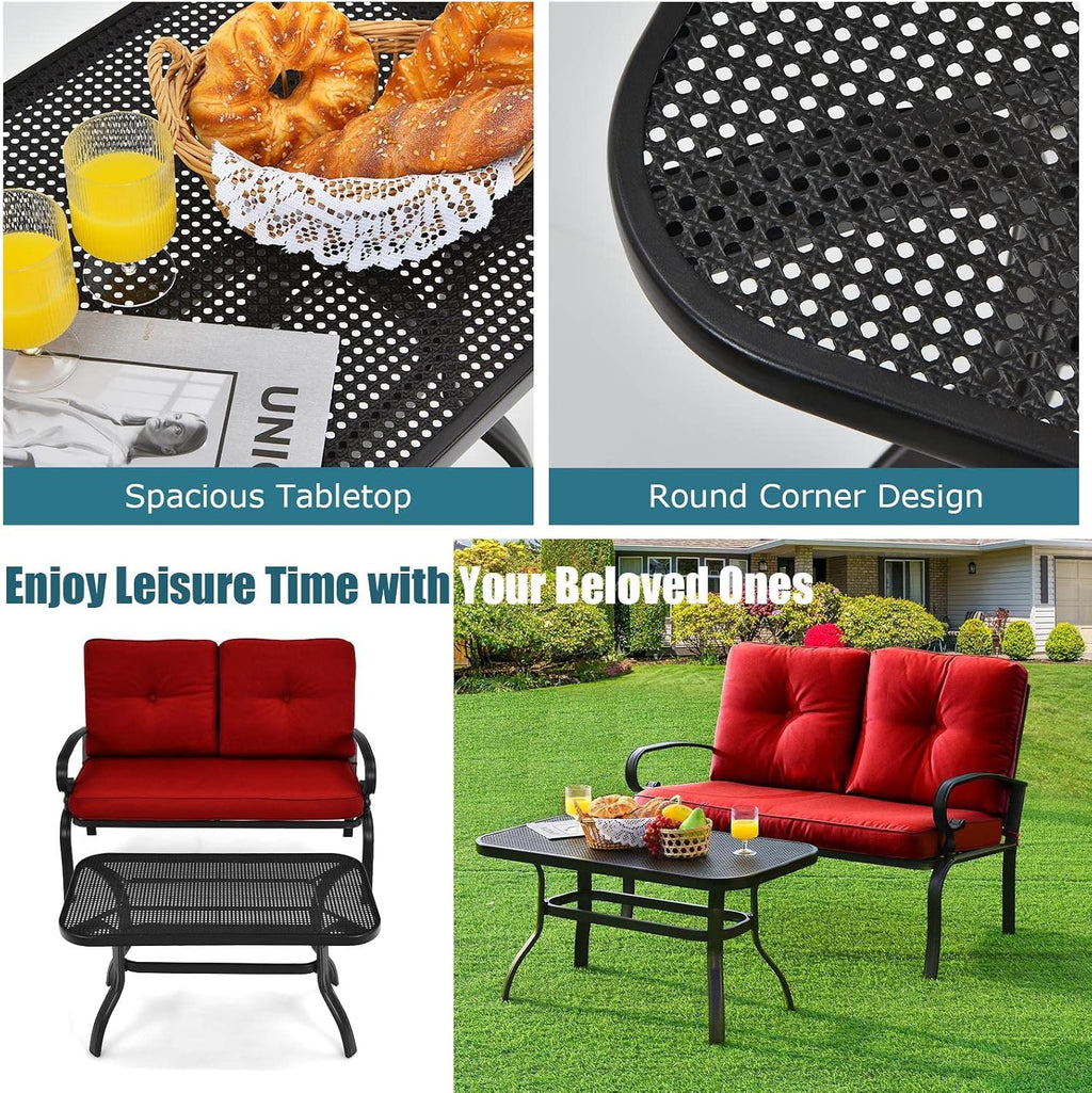 Tangkula Patio Loveseat with Table Set, 2 Seat Cushioned Sofa with Coffee Table, Patio Conversation Sofa Set with Rustproof Frame, 2 Pieces Outdoor Furniture Set for Garden, Poolside, Balcony (Red)