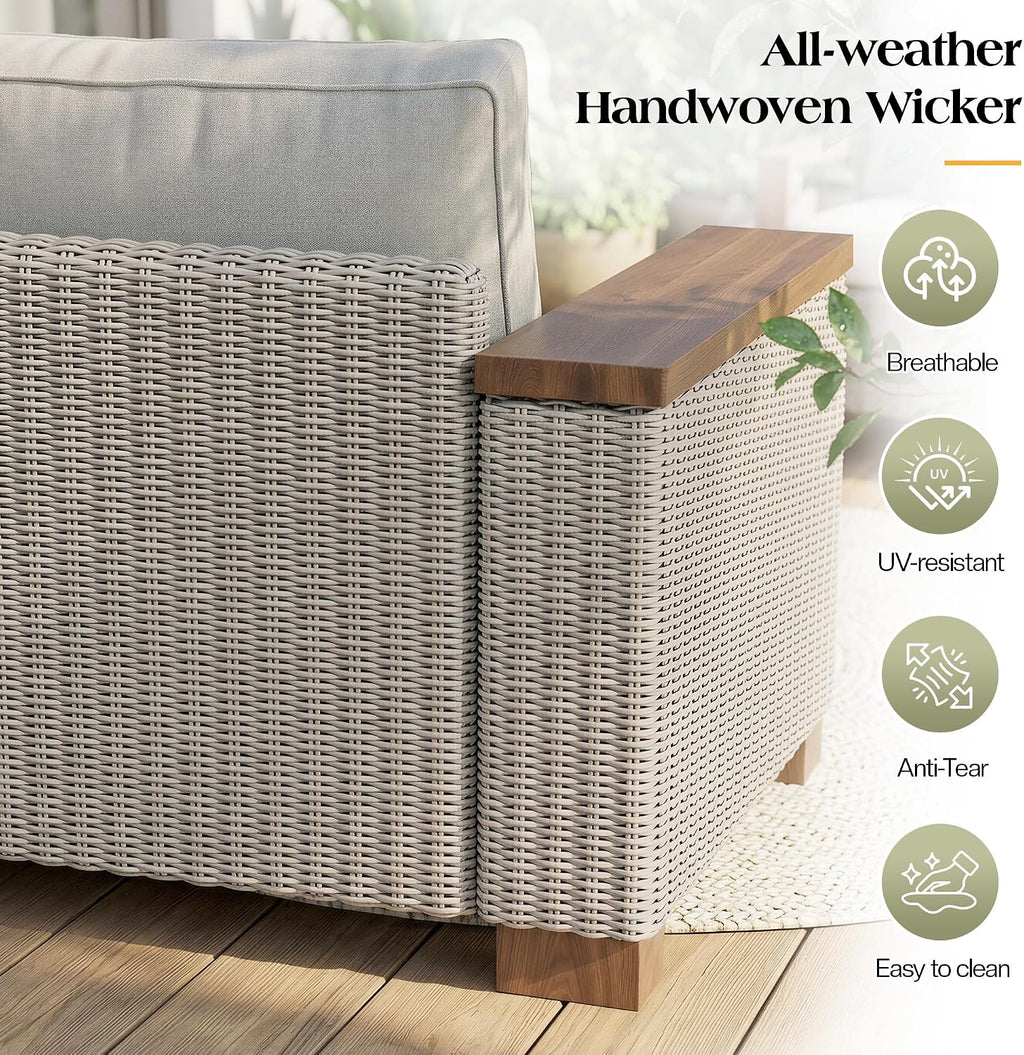 PaPaJet 3 Seat Outdoor Patio Sofa, All-Weather Wicker Couch with Solid Wood Armrests and Legs, 4.7 Inch Thick Removable Cushions, UV Resistant Modular Sofa Perfect for Porch, Backyard, Garden