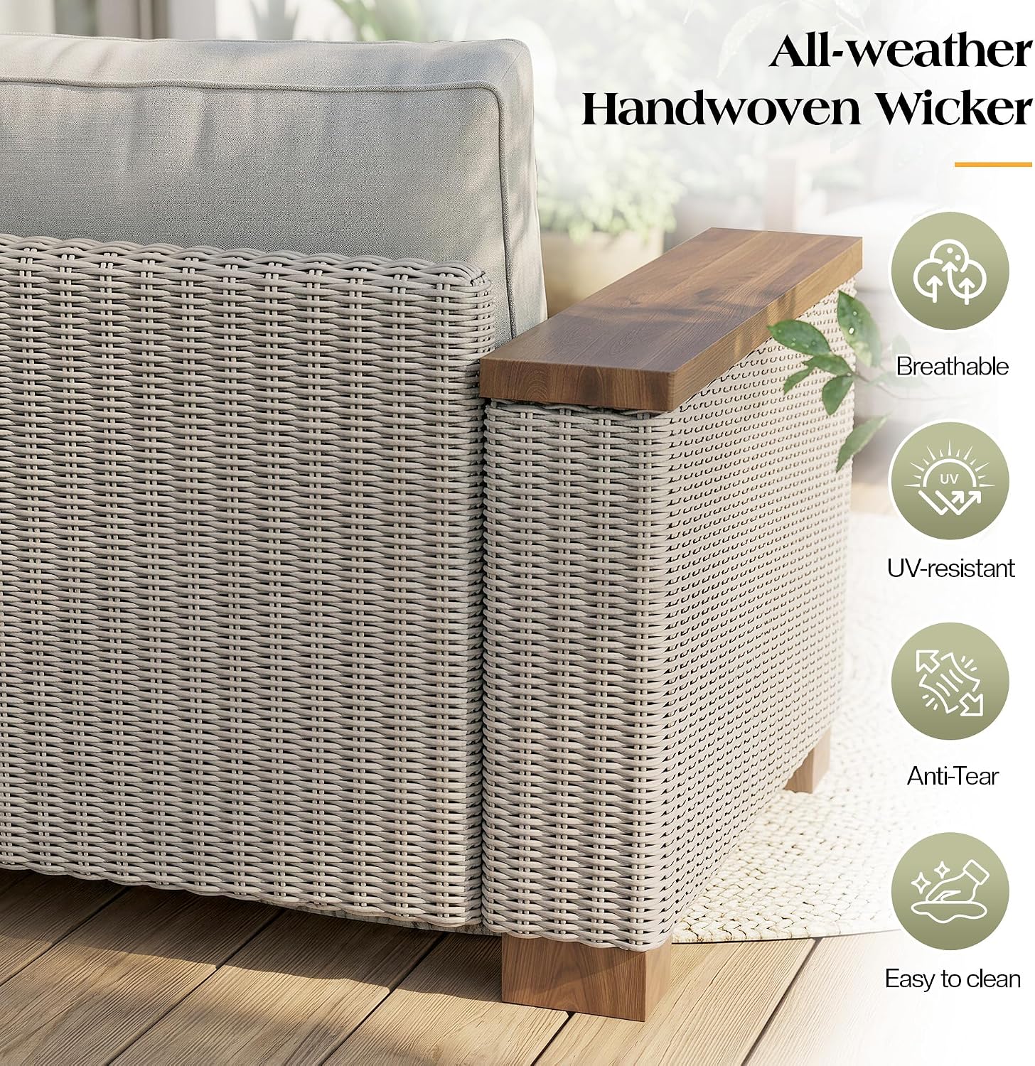 PaPaJet 3 Seat Outdoor Patio Sofa, All-Weather Wicker Couch with Solid Wood Armrests and Legs, 4.7 Inch Thick Removable Cushions, UV Resistant Modular Sofa Perfect for Porch, Backyard, Garden