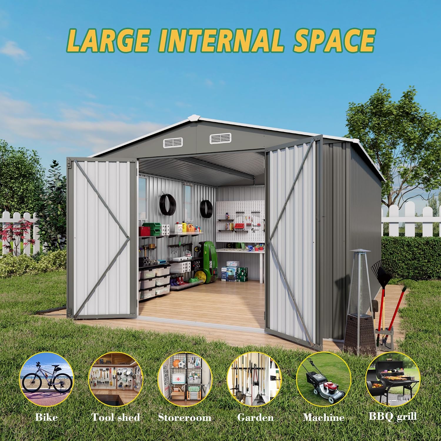 10x12x6.7FT Outdoor Storage Shed, Galvanized Steel Garden Shed with Lockable Door & Window, Waterproof Metal Tool Storage for Garden, Backyard, Patio, Lawn