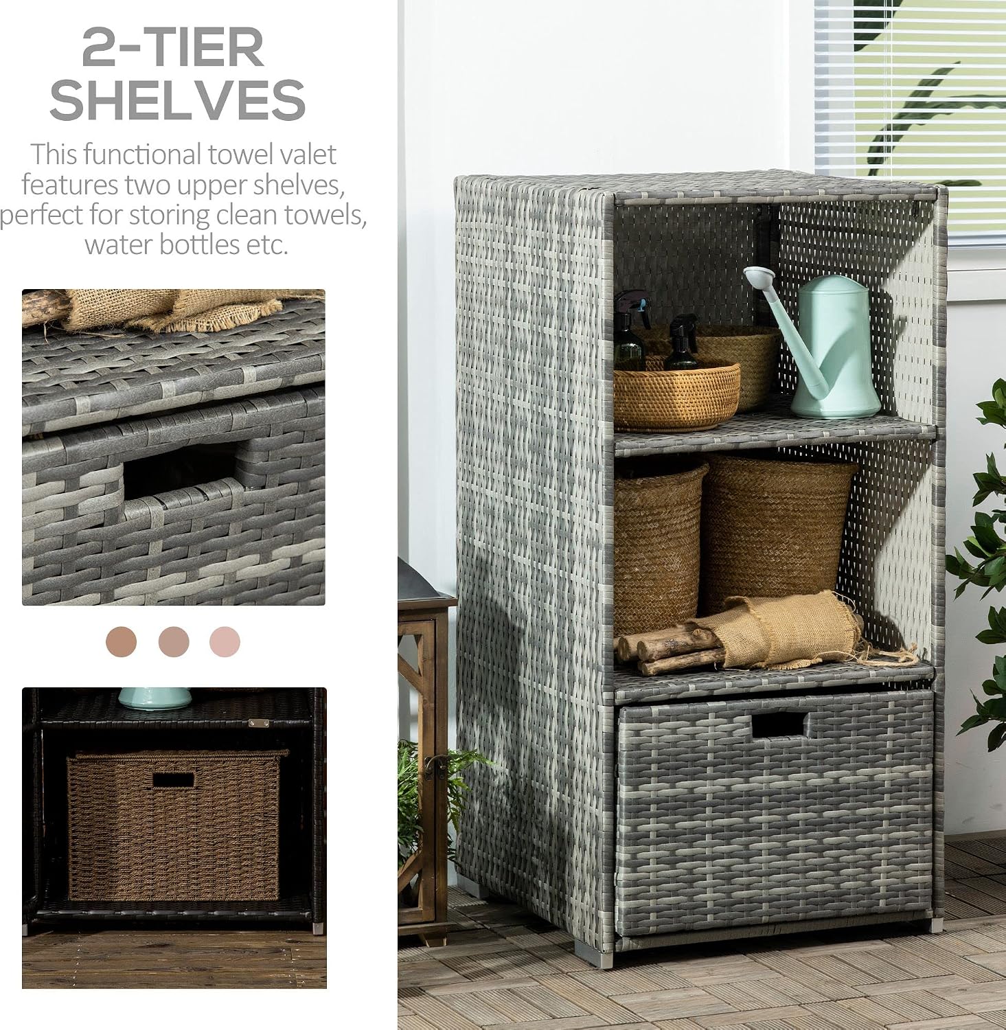 Outsunny Valet Pool Towel Rack, Waterproof PE Plastic Rattan Wicker Storage Organizer, Indoor Outdoor Spa, and Hot Tub Accessory Storage, 2 Shelves, 1 Basket Drawer, Gray
