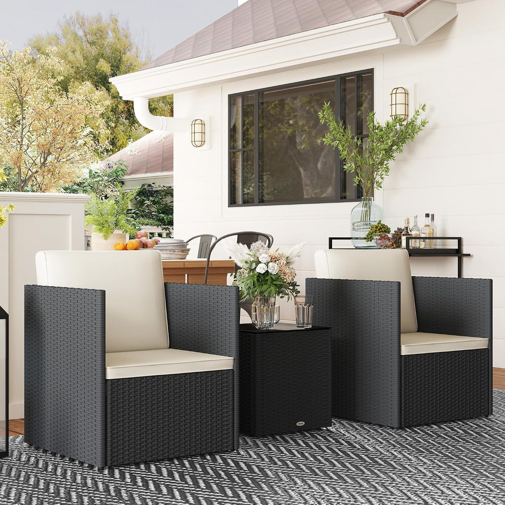 Outsunny 3 Piece Patio Furniture Set, Folding Outdoor Wicker Bistro Set with Washable Cushions, Adjustable Feet, and Glass Coffee Table, Easy Assembly for Garden, Balcony, Poolside, Backyard, Black