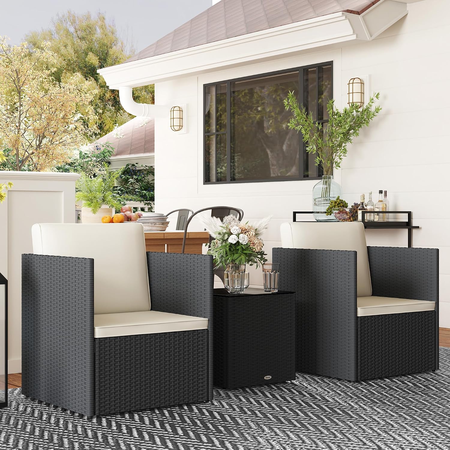 Outsunny 3 Piece Patio Furniture Set, Folding Outdoor Wicker Bistro Set with Washable Cushions, Adjustable Feet, and Glass Coffee Table, Easy Assembly for Garden, Balcony, Poolside, Backyard, Black