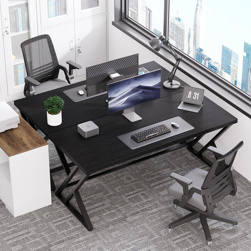 LVB Black Computer Desk, Modern Gaming PC Writing Desk for Home Office, Metal Computer Study Work Table for Bedroom, Industrial Executive Student Simple Workstation Desk, 55 in, Black Oak