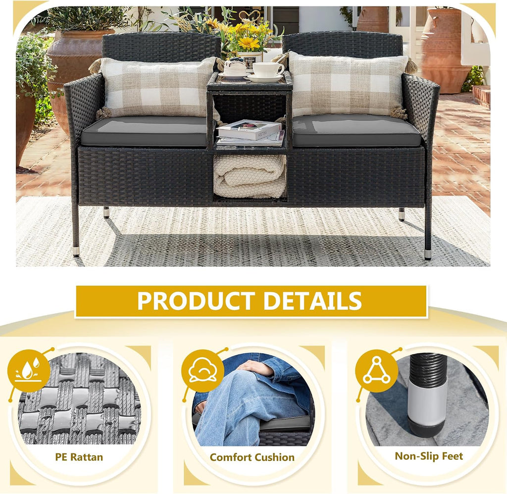 Devoko Outdoor Patio Loveseat Modern Rattan 2-Seat Patio Conversation Set with Cushions & Built-in Coffee Table Porch Furniture for Garden Lawn Backyard (Grey)