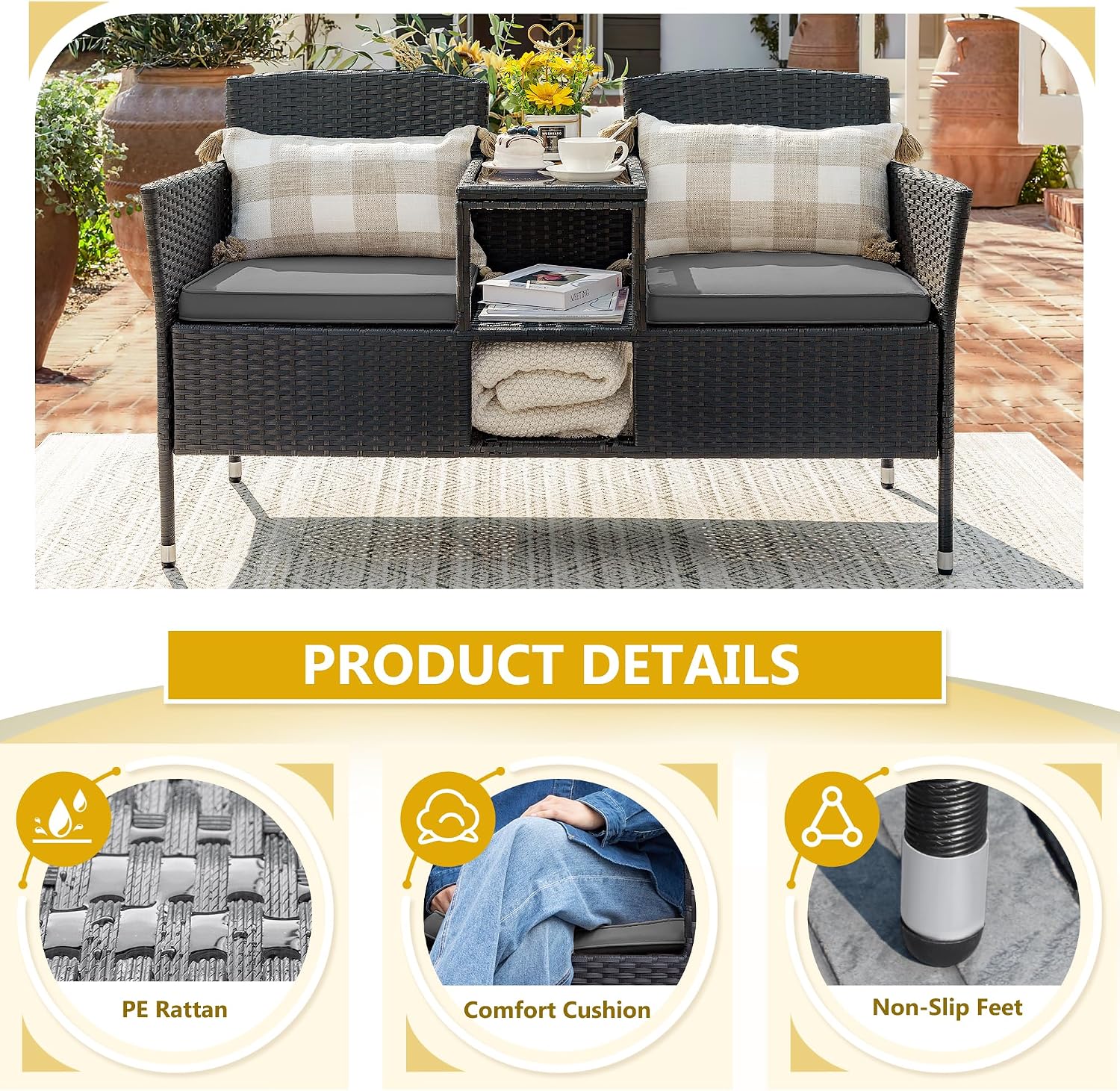 Devoko Outdoor Patio Loveseat Modern Rattan 2-Seat Patio Conversation Set with Cushions & Built-in Coffee Table Porch Furniture for Garden Lawn Backyard (Grey)