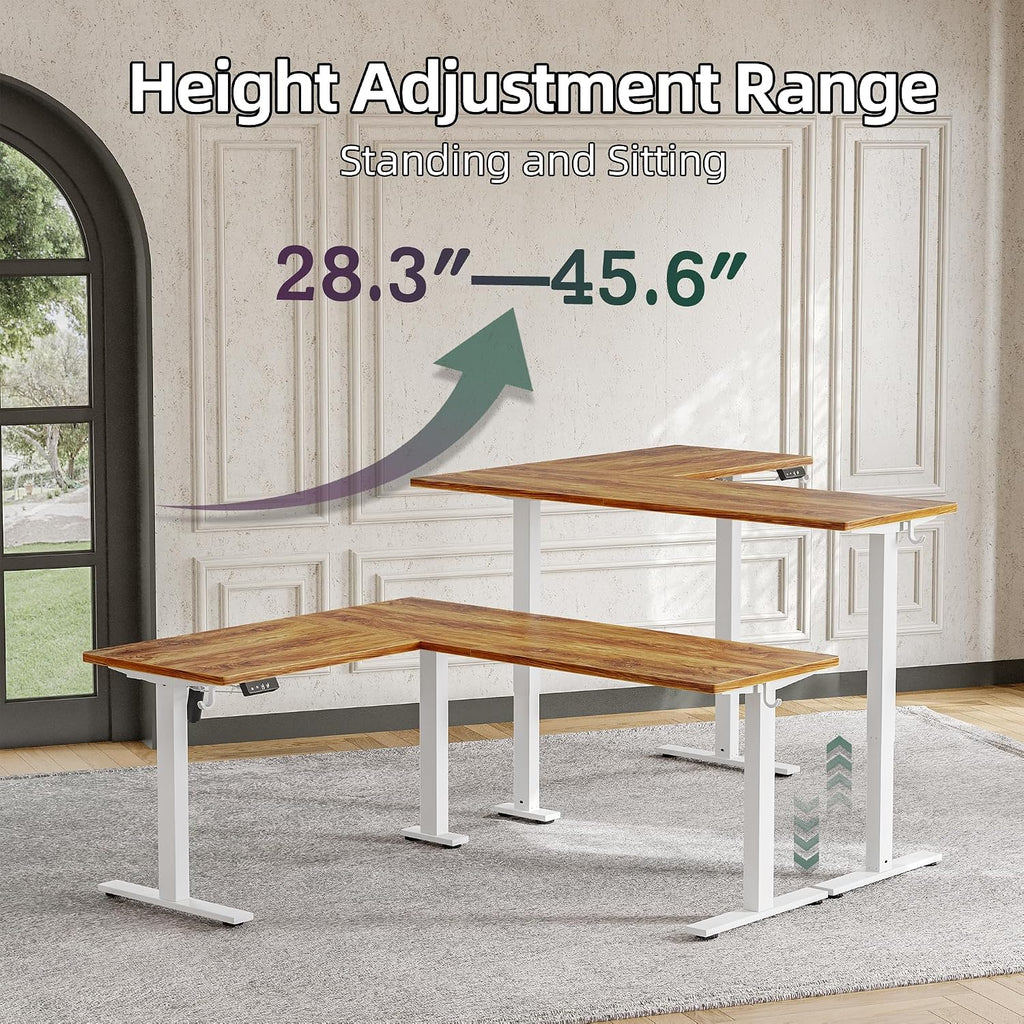 TIQLAB Standing Desk L Shaped, 63x55 Inch Adjustable Height, Electric Stand Up Desk, Corner Sit Stand Desk with Splice Board, Light Rustic Brown