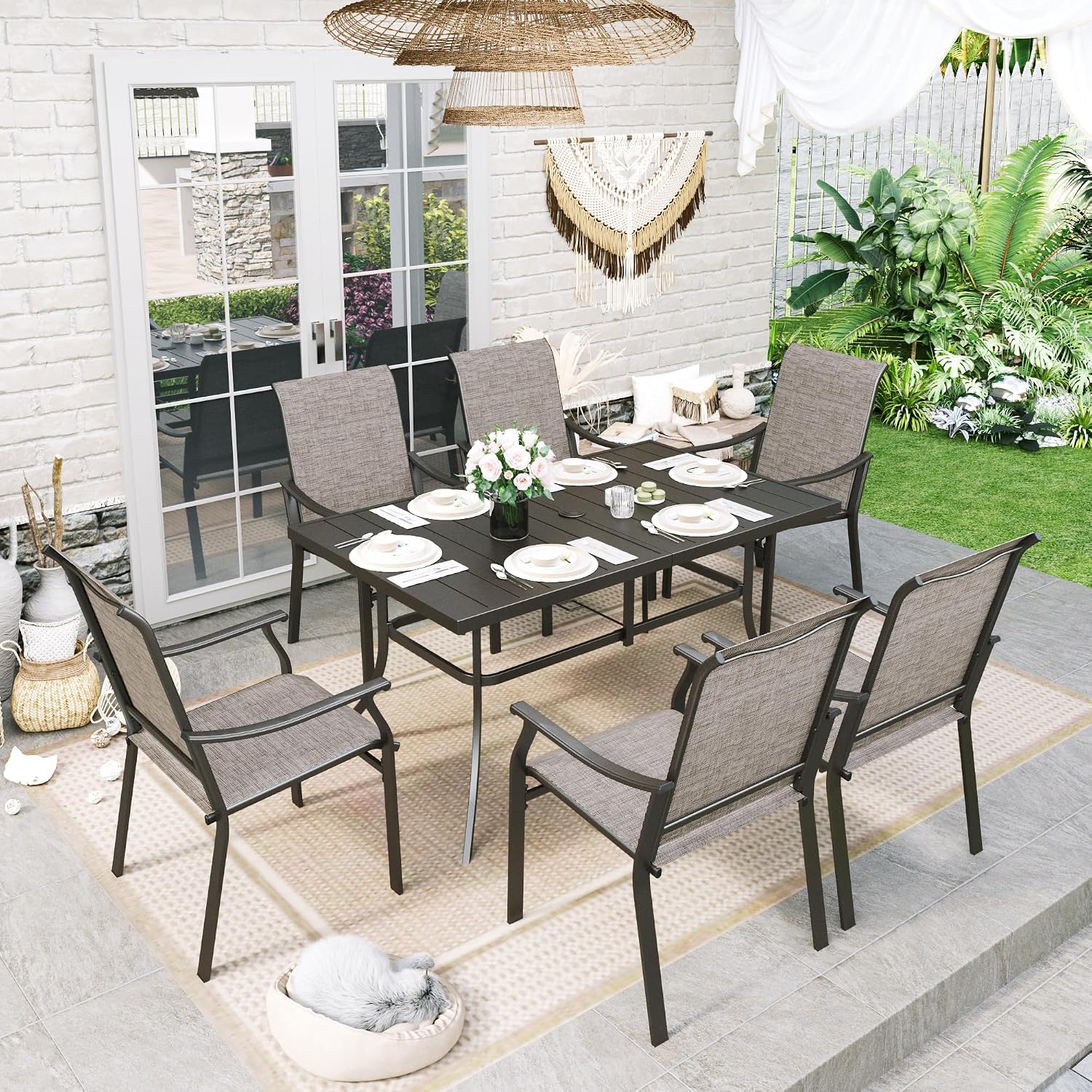 Sophia & William 7 Pieces Patio Dining Set, 6 Quick Dry Textilene Chairs and a Powder-Coated Outdoor Dining Table, Durable All-Weather Patio Furniture for Lawn, Park, and Courtyard Support 350lbs