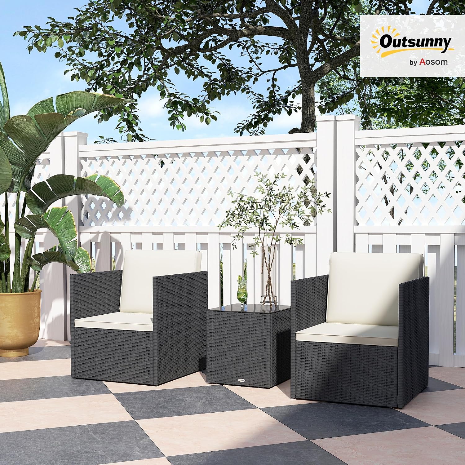 Outsunny 3 Piece Patio Furniture Set, Folding Outdoor Wicker Bistro Set with Washable Cushions, Adjustable Feet, and Glass Coffee Table, Easy Assembly for Garden, Balcony, Poolside, Backyard, Black