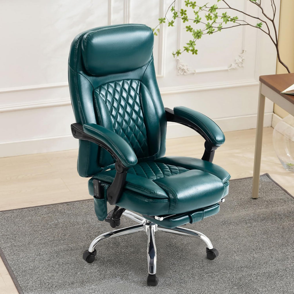 6-Point Massage Office Chair with Heated, Ergonomic Office Chair with Footrest & 45°Reclining High Back, Big and Tall Executive Office Chair 500LBS, Thick Cushion Desk Chair for Home Office, Green(PU)