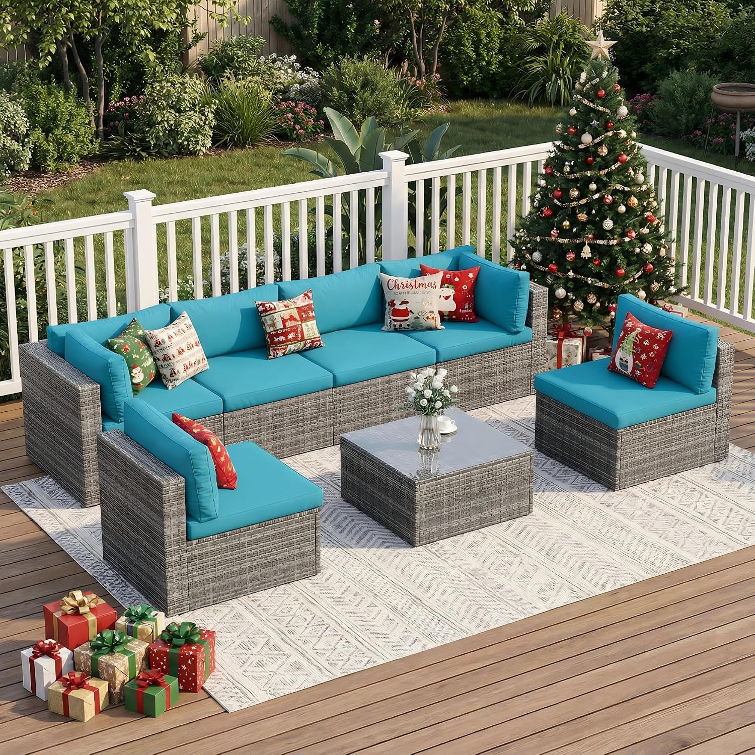 Wisteria Lane 7 Pieces Outdoor Patio Furniture Set, Wicker Outdoor Patio Sectional Sofas with Coffee Table, All-Weather Patio Conversation Set for Backyard Garden, Light Blue