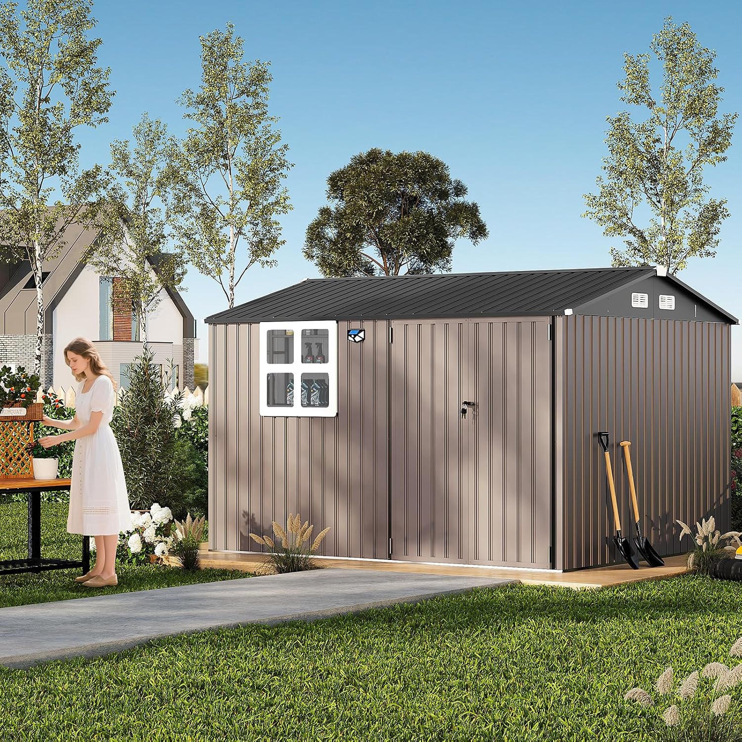 GarveeLife 8x10 ft Outdoor Storage Shed, Metal Garden Tool Shed with Updated Frame Structure, Lockable Doors and Windows, Ideal for Backyard Garden Patio Lawn, Brown
