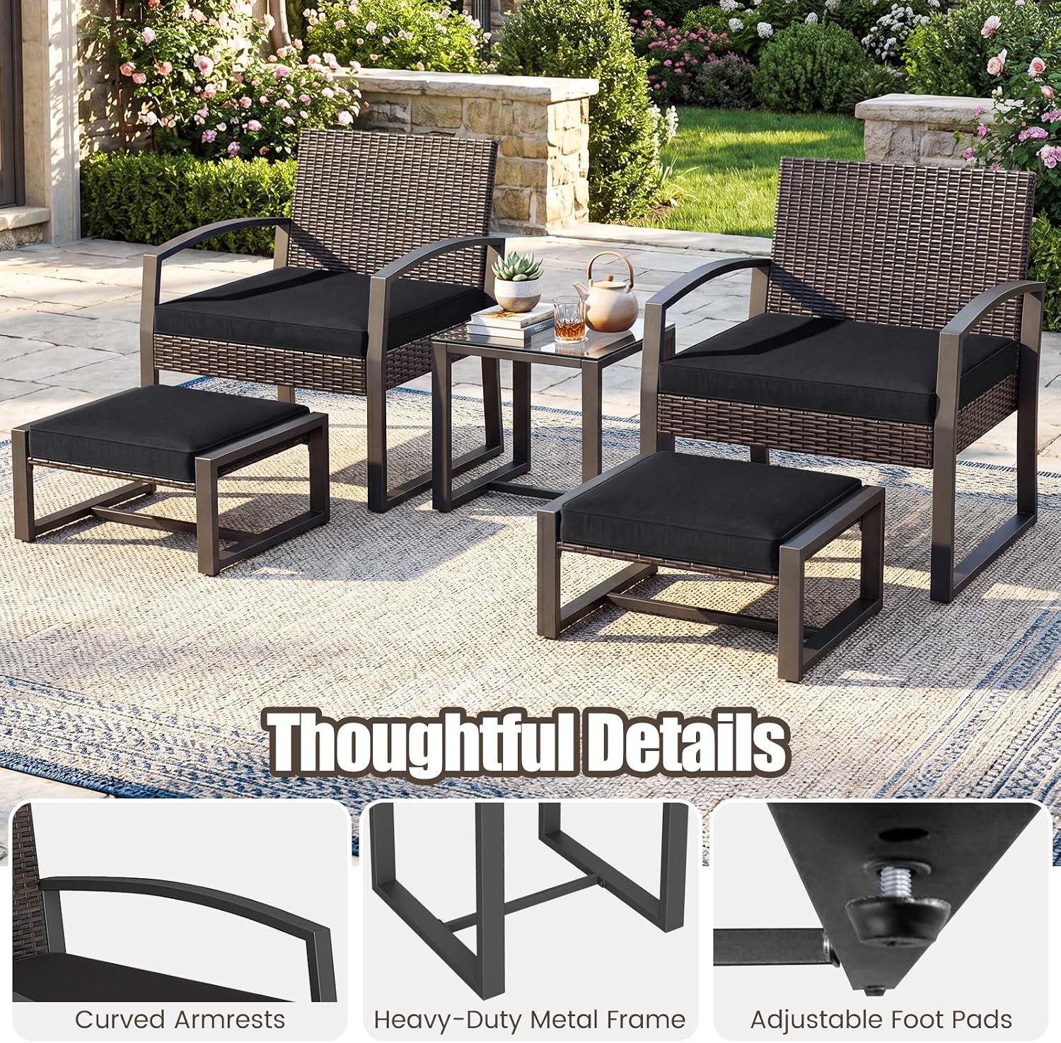 Tangkula 5 Pieces Wicker Patio Conversation Set, Outdoor PE Rattan Chair with Ottoman Set with Glass Side Table, 2-Person Small Balcony Furniture Seating Set with Cushions for Porch, Backyard, Deck