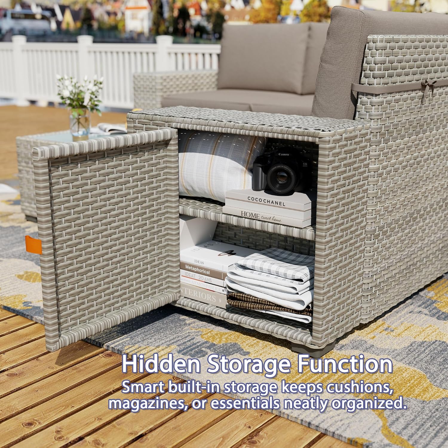 7 Piece Patio Furniture Set with 50,000 BTU Rattan Fire Pit Table that Converts to Coffee Table, 9.8' Wide Arm Sectional Sofa with Storage Armrests, Outdoor Rattan Conversation Set, Khaki