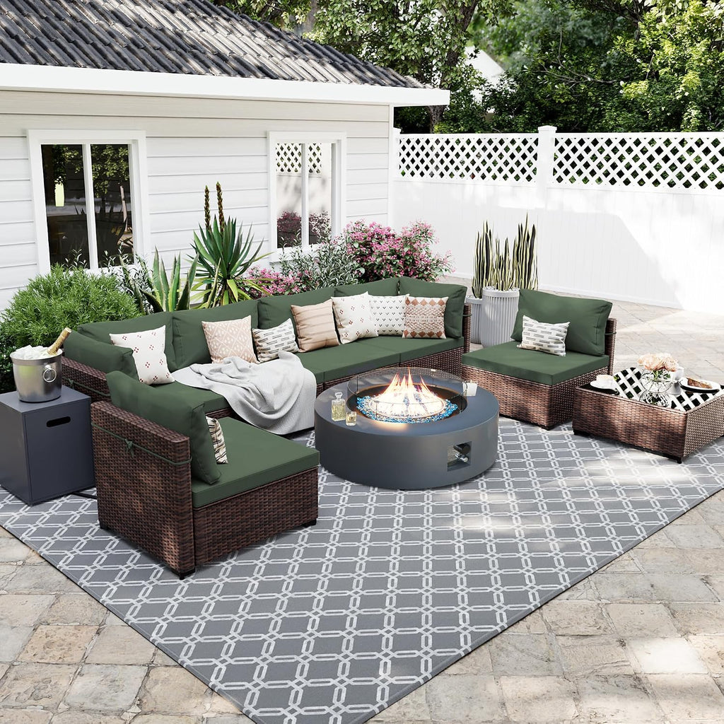UPHA 9 Pieces Patio Furniture Sets, Wicker Outdoor Sectional Sofa Couch with Round Propane Pit for Deck Backyard Garden, Brown Rattan, Pine Green Cushion
