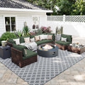 UPHA 9 Pieces Patio Furniture Sets, Wicker Outdoor Sectional Sofa Couch with Round Propane Pit for Deck Backyard Garden, Brown Rattan, Pine Green Cushion