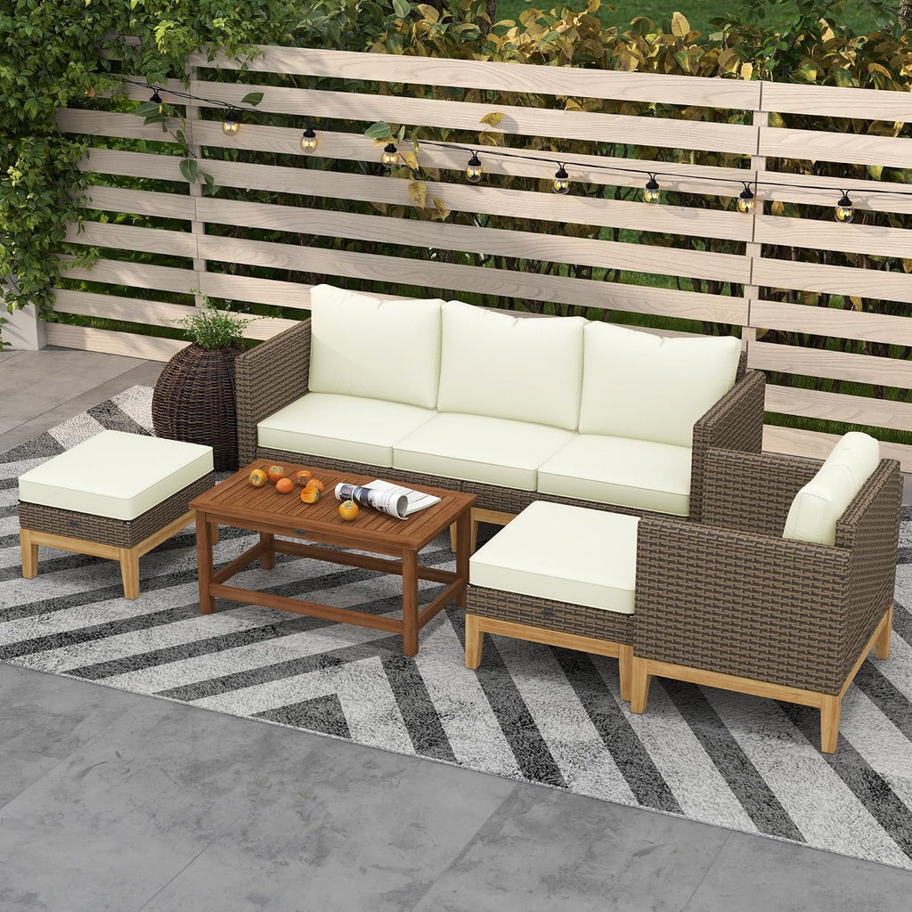 Outsunny Wooden Patio Furniture Set with Thick Padded Cushions, 5-Piece PE Rattan Sectional Sofa with Acacia Wood Top Coffee Table, Outdoor Conversation Set, Cream White
