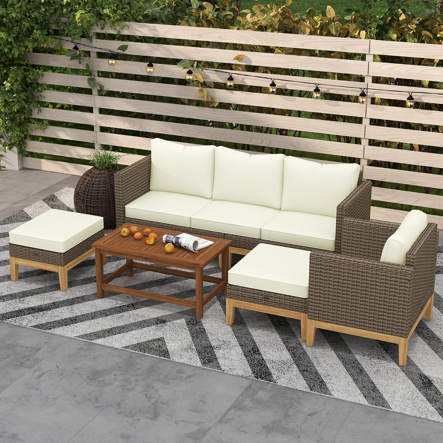 Outsunny Wooden Patio Furniture Set with Thick Padded Cushions, 5-Piece PE Rattan Sectional Sofa with Acacia Wood Top Coffee Table, Outdoor Conversation Set, Cream White