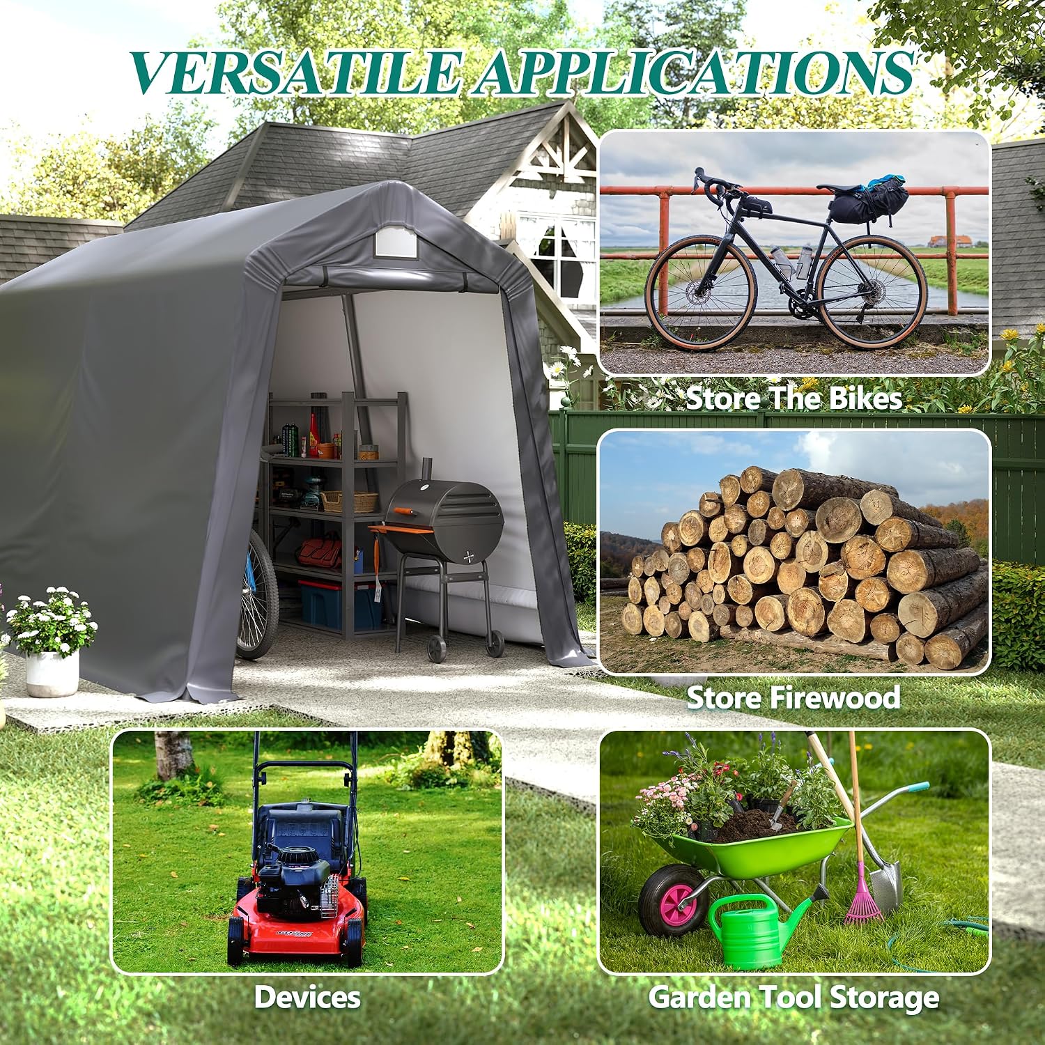 GARTOO 7' x 12' Outdoor Storage Shed- Heavy Duty Storage Shelter Tent with Roll-up Ventilated Door, Portable Garage Zipper Storage shed for Bike, ATV, Motorcycle Shelter, Gray