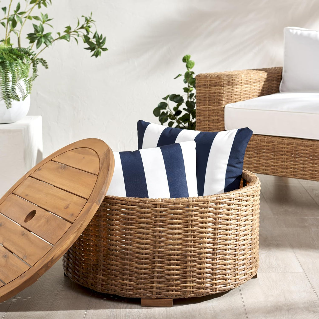 SAFAVIEH Couture Outdoor - Anguilla Round Wicker Coffee Table - Solid Wood and Aluminum - Coastal Woven Design - Ideal for Patio, Deck, Porch, Backyard, 25.6'W x 25.6'D x 13.8'H (CPT2103A)