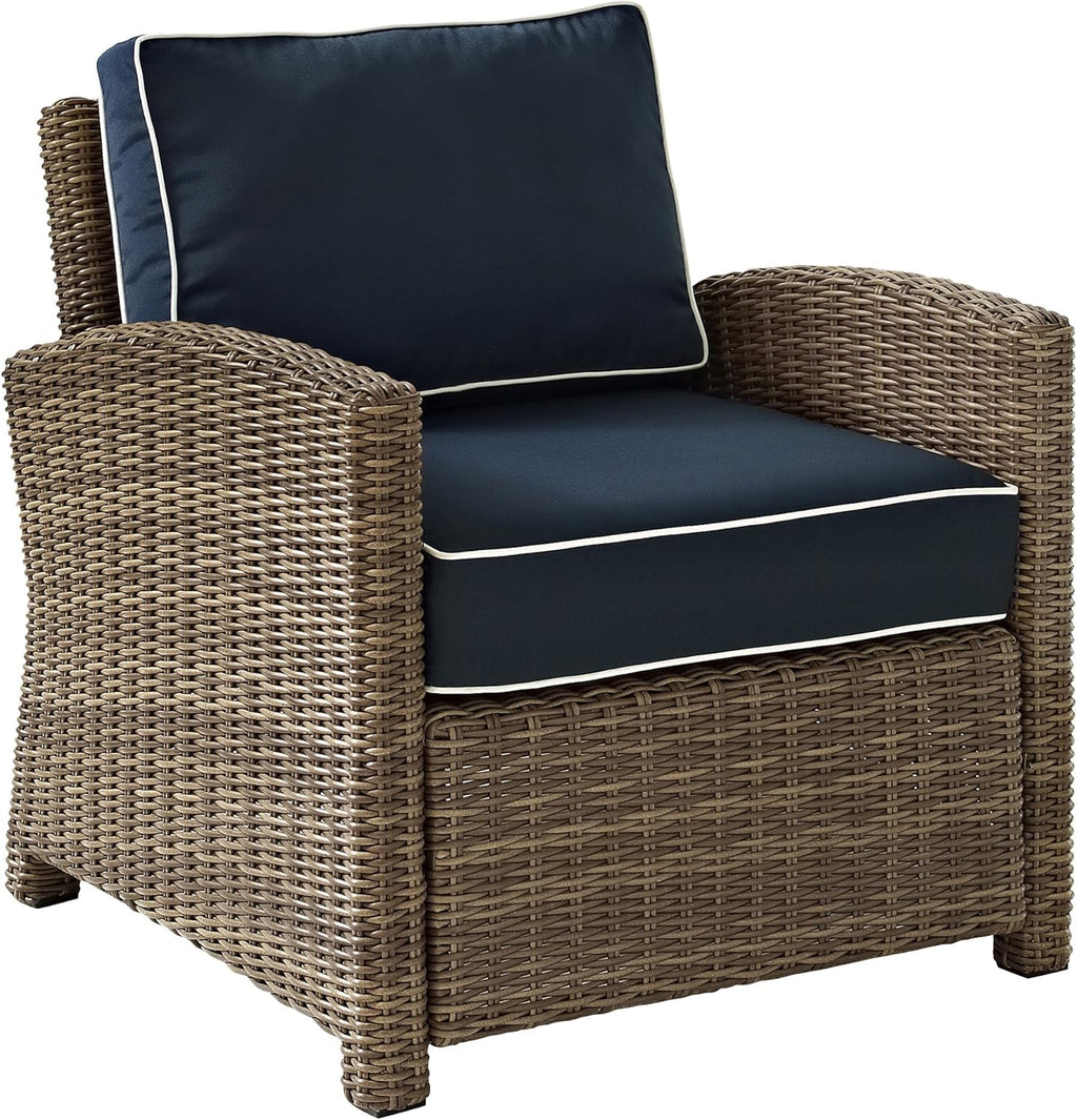 Crosley Furniture Bradenton 4-Piece Outdoor Loveseat Patio Furniture Set, Wicker Conversation Sets for Porch, Brown with Navy Cushions