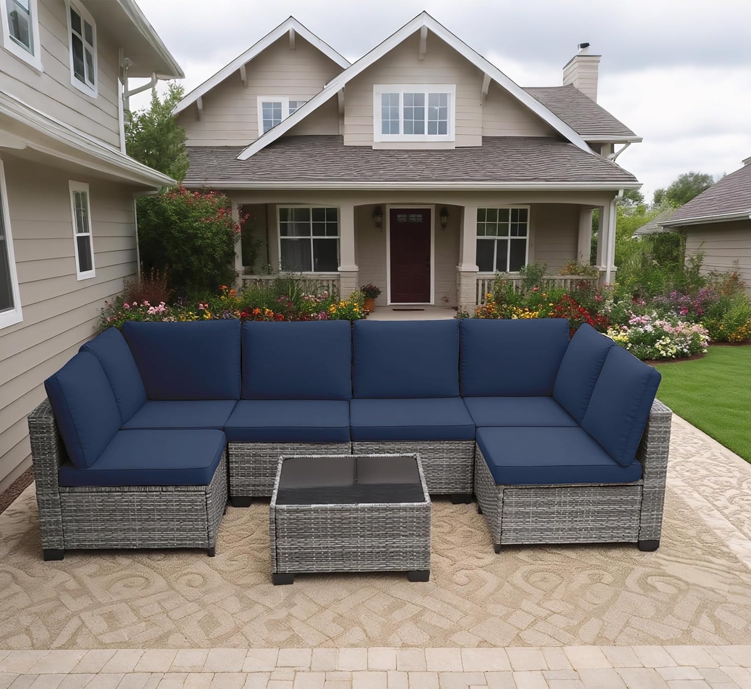 MOCHITO 7 Pieces Outdoor Patio Furniture Sets, All-Weather Sectional Sofa Grey PE Rattan Wicker Conversation Set with Glass Table and Washable Blue Cushions for Backyard,Sunroom,Garden,Porch