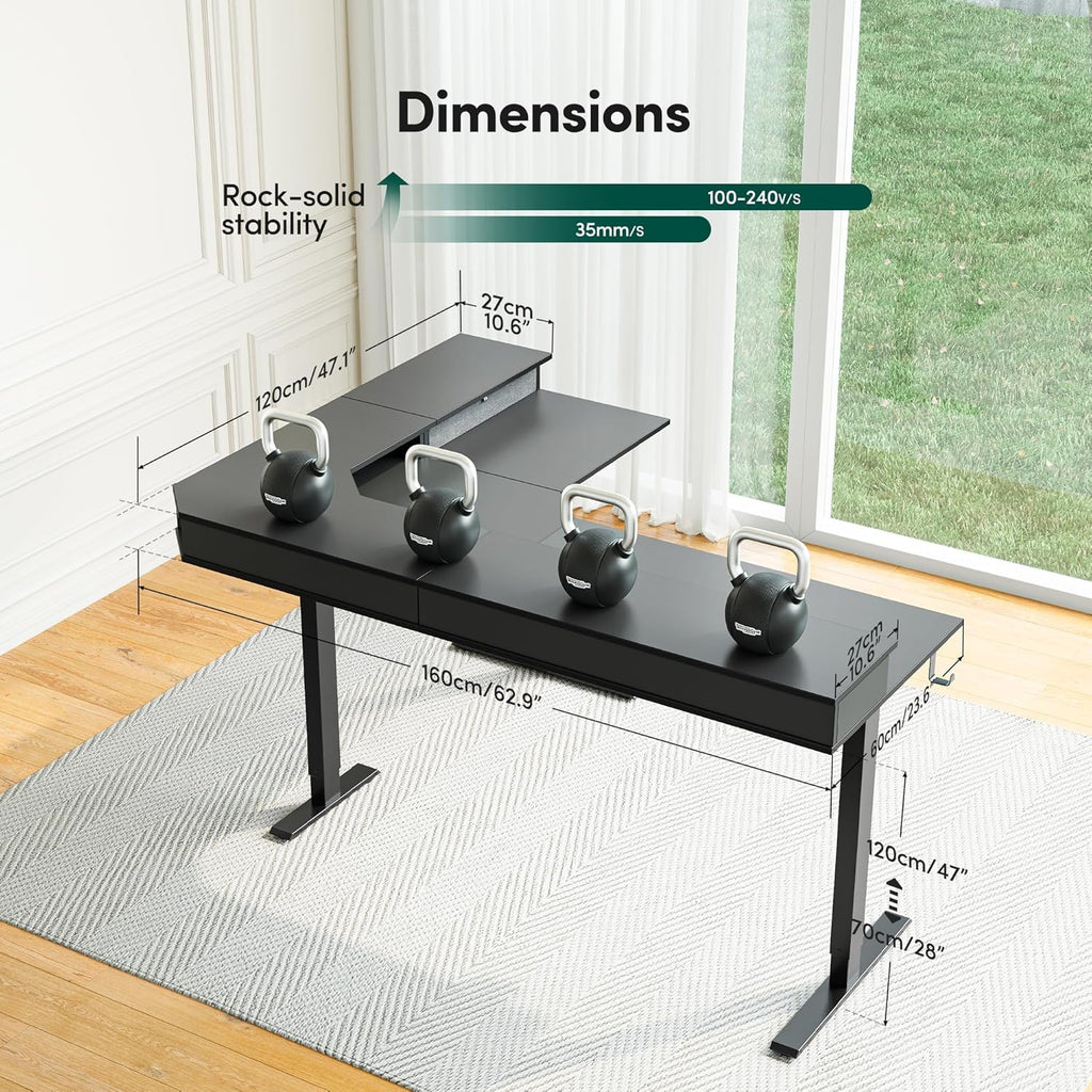 FEZIBO L Shaped Electric Standing Desk, 63 x48 inch Large with Drawers | Reversible Tabletop, 2 Memory Height Settings | Home Office & Gaming Height-Adjustable Table, Black Top/Black Frame（2 packages）