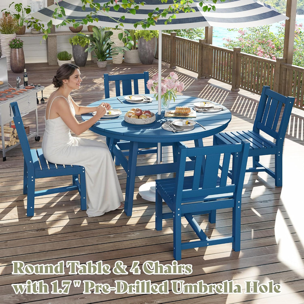 AMERLIFE 5 Piece HDPE Outdoor Dining Table & Chairs Set, All-Weather Patio Table and Chairs Set Furniture with Umbrella Hole for Garden, Backyard, Poolside, Seaside, Blue