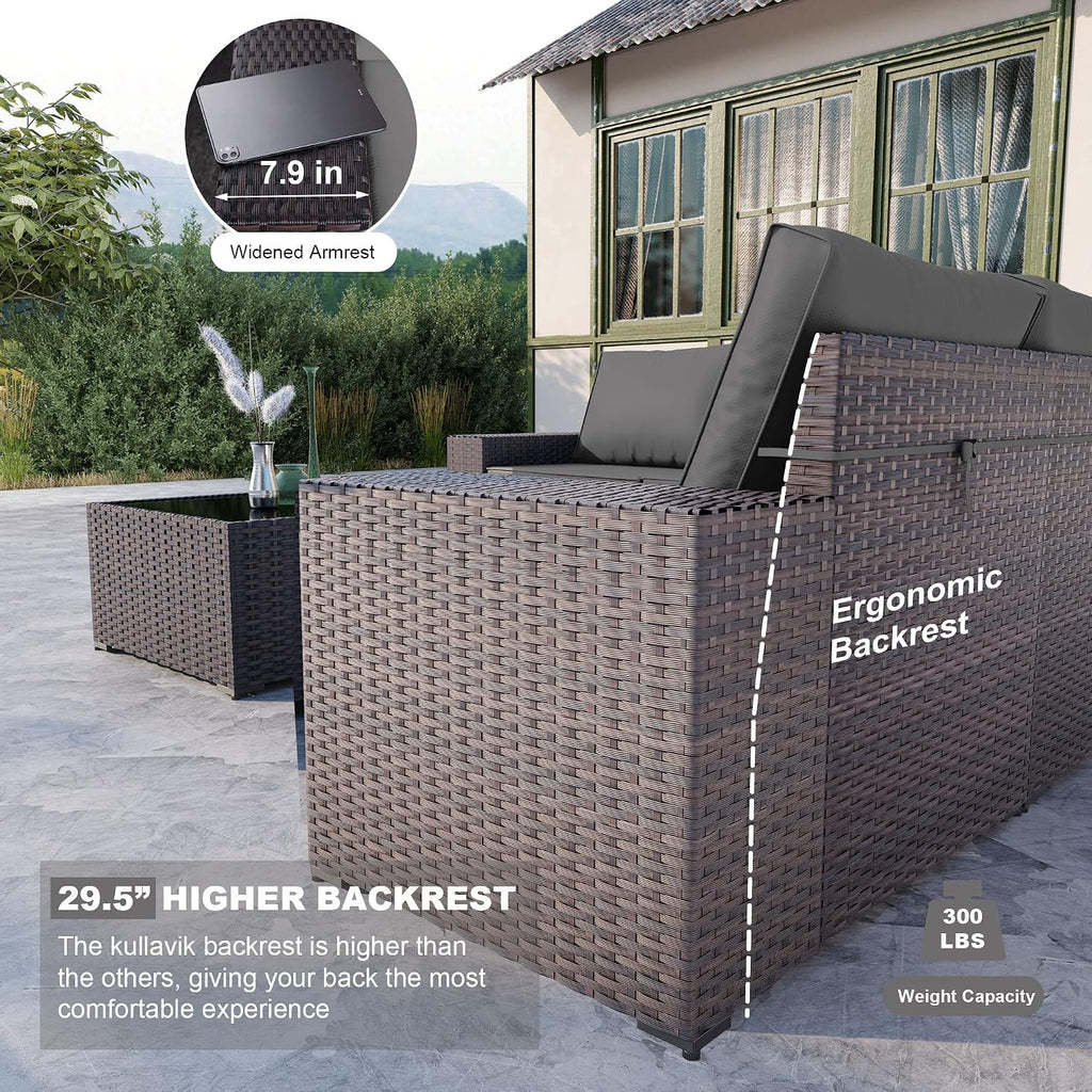 Kullavik Outdoor Patio Furniture Set,12 Pieces Sectional Rattan Sofa Set Brown PE Rattan Wicker Patio Conversation Set with 10 Seat Cushions and 2 Tempered Glass Coffee Table,Grey