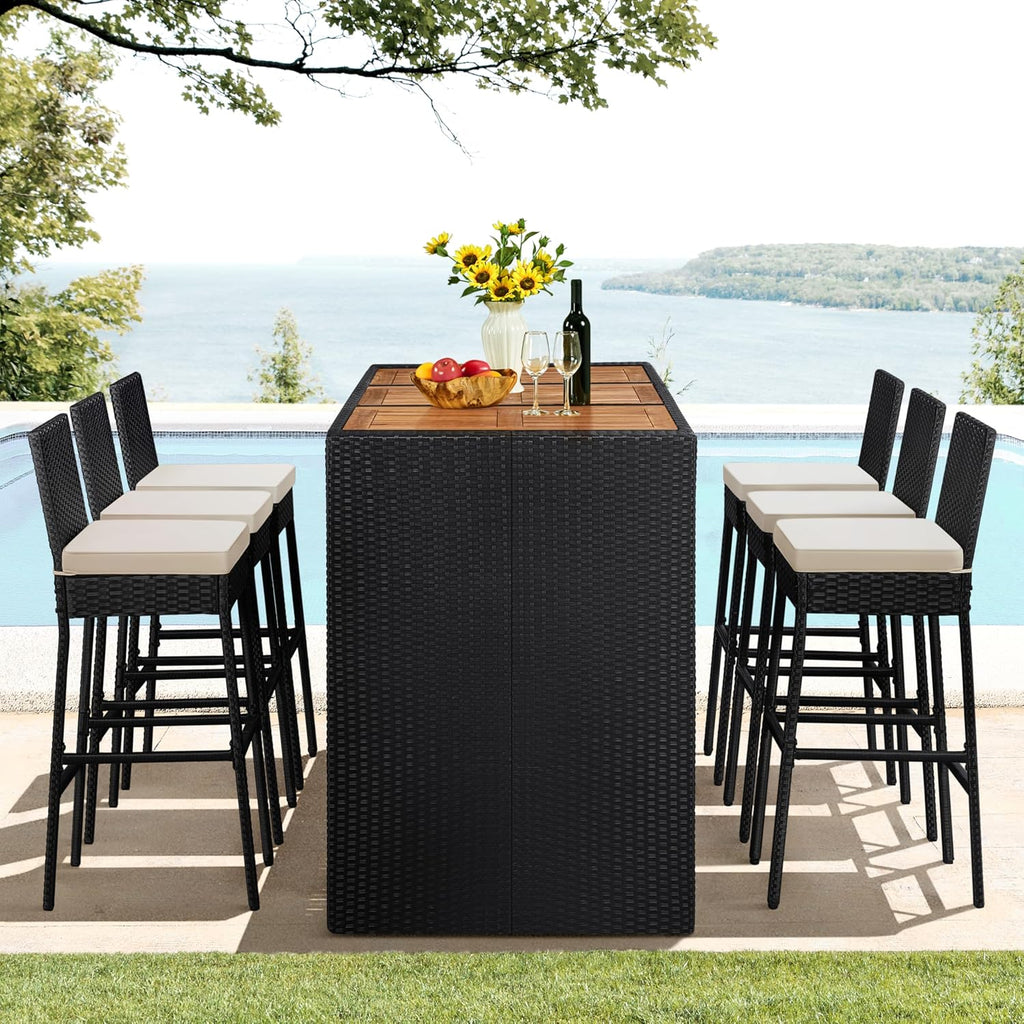 Yaheetech 7 Piece Patio Dining Set Outdoor Acacia Wood Bar Table and Chairs with Removable Cushions, Wicker Furniture Set for Deck, Backyard, Garden, Black/Beige