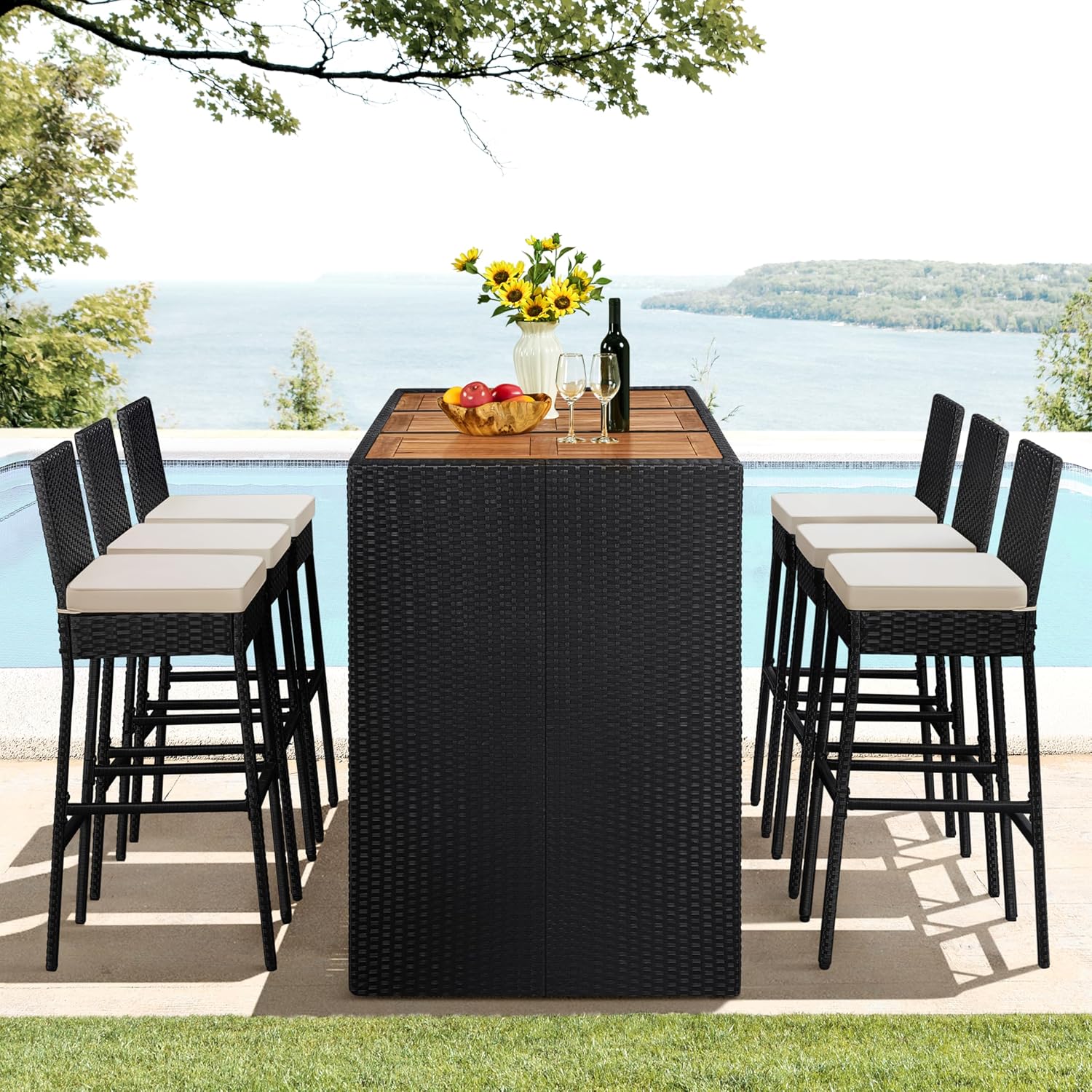 Yaheetech 7 Piece Patio Dining Set Outdoor Acacia Wood Bar Table and Chairs with Removable Cushions, Wicker Furniture Set for Deck, Backyard, Garden, Black/Beige