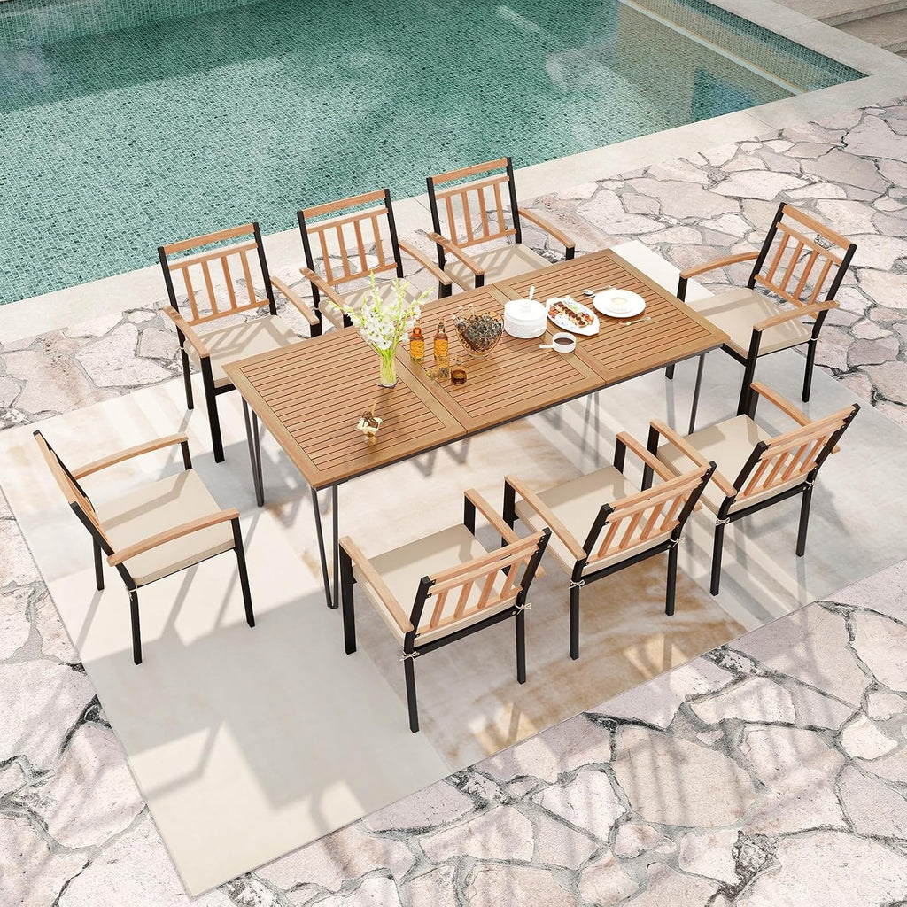 Tangkula 9 Piece Patio Dining Set, Outdoor Dining Furniture Set w/Rectangular Acacia Wood Dining Table & 8 Cushioned Chairs, Metal Frame Dining Set w/Umbrella Hole for Yard, Porch, Garden, Deck