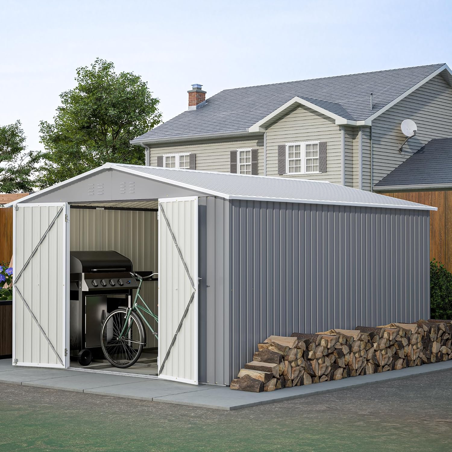 YOPTO 10x12 FT Outdoor Storage Shed with Floor Frame Kit,Metal Shed W/Double Lockable Doors,Garden Tool Storage House W/ 4 Air Vents & Sloped Roof,for Backyard,Patio,Lawn,Gray