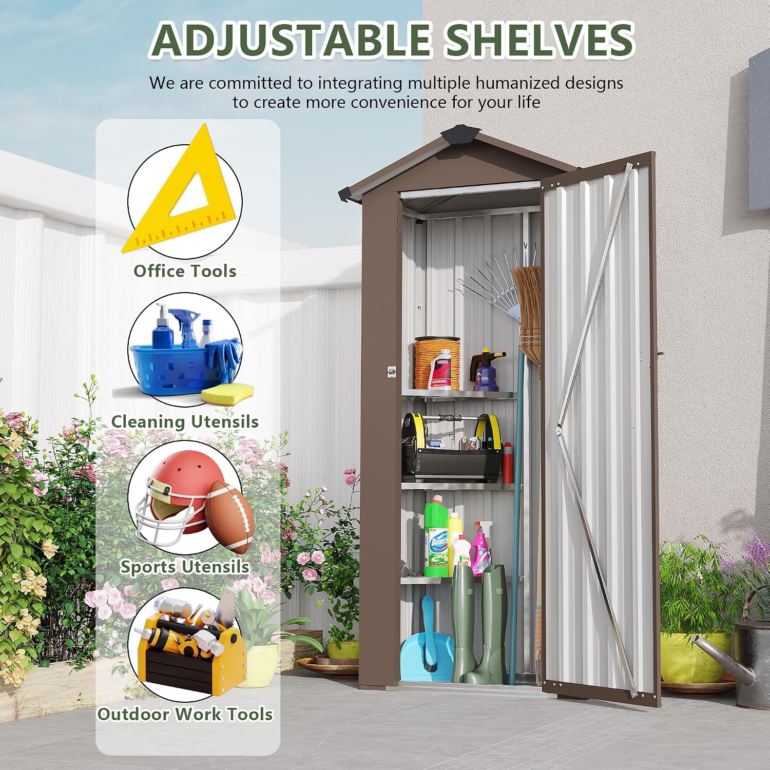 Outdoor Metal Storage Shed, Waterproof Garden Tool Shed with Lock, Galvanized Steel Utility Cabinet, Weather-Resistant Storage Locker for Backyard, Patio, Garage Tools Organization (Brown)
