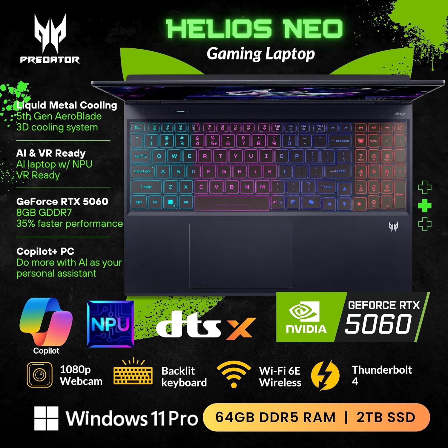 acer Predator Helios Neo 16S AI Gaming Laptop, 16 240Hz 2.5K OLED, Intel Core Ultra 9 275HX, NVIDIA GeForce RTX 5060, VR Ready, Copilot, Liquid Cooling, Black, Windows 11 Pro(64GB DDR5 RAM | 2TB SSD)