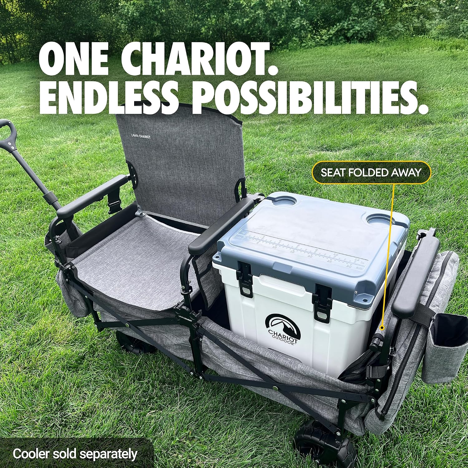 Lawn Chariot, Folding Wagon with 2 Adult Seats & UPF 50+ Canopy, Under-Seat Storage, All-Terrain Wheels, Black Canopy