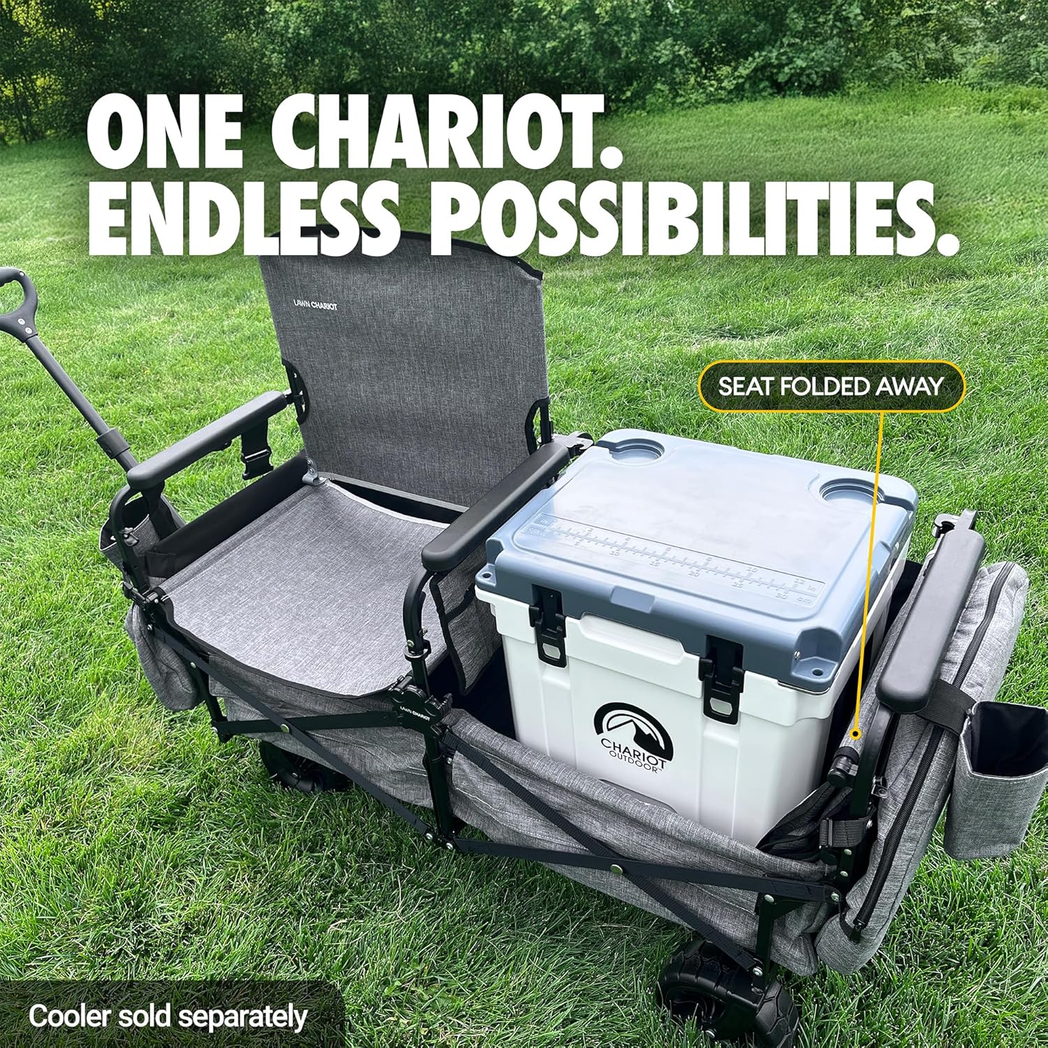 Lawn Chariot, Folding Wagon with 2 Adult Seats & UPF 50+ Canopy, Under-Seat Storage, All-Terrain Wheels, Camouflage Canopy