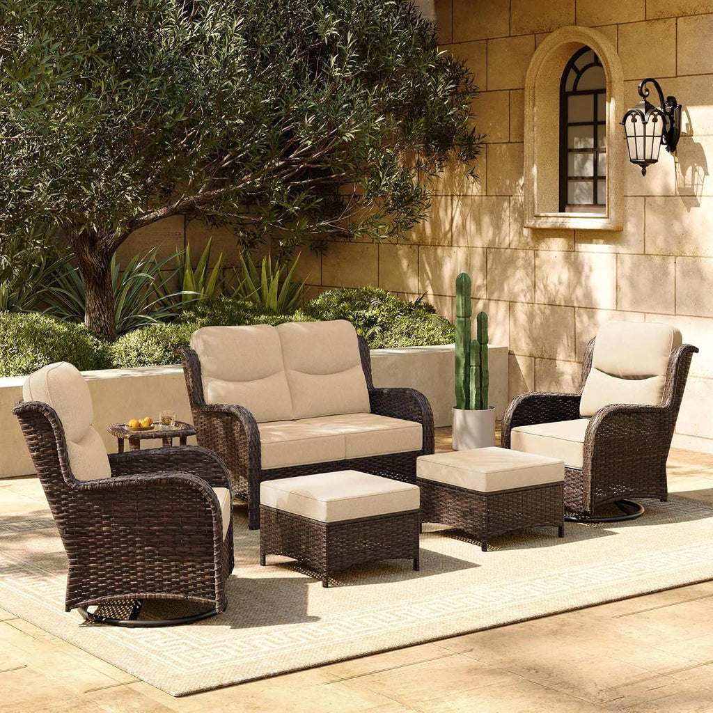 HILLGA 6-Piece Luxury Patio Furniture Set with 6' Thick Cushions, Weather-Resistant Wicker High Back Swivel Rocker Chairs, Senior-Friendly Outdoor Loveseat Set for Deck, Yard and Poolside, Beige(V2)