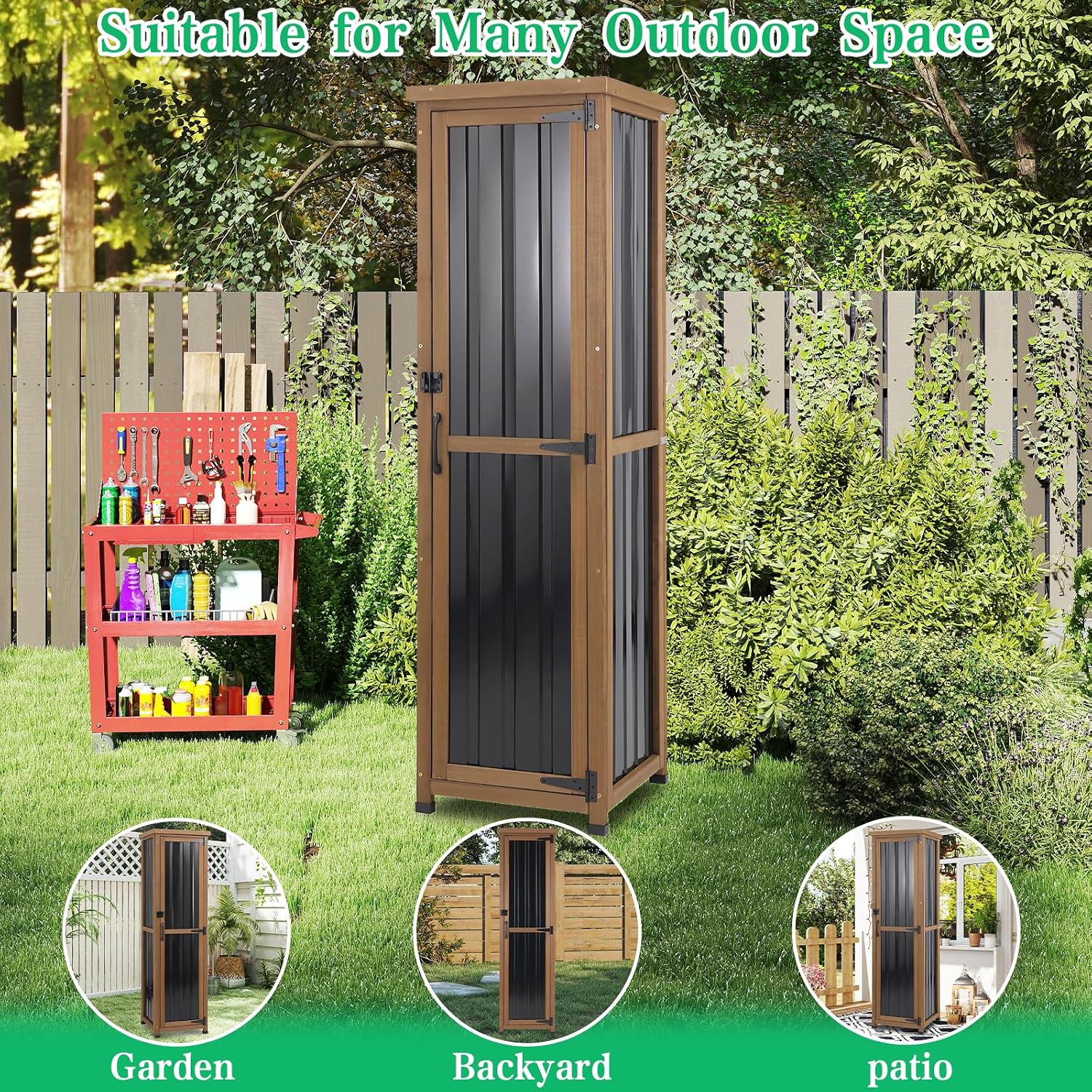 Tall Outdoor Storage Cabinet, Weatherproof Wooden Garden Potting Bench with Metal Top & Adjustable Shelves, Outdoor Patio Cabinets Work Station for Balcony, Pool, Garage
