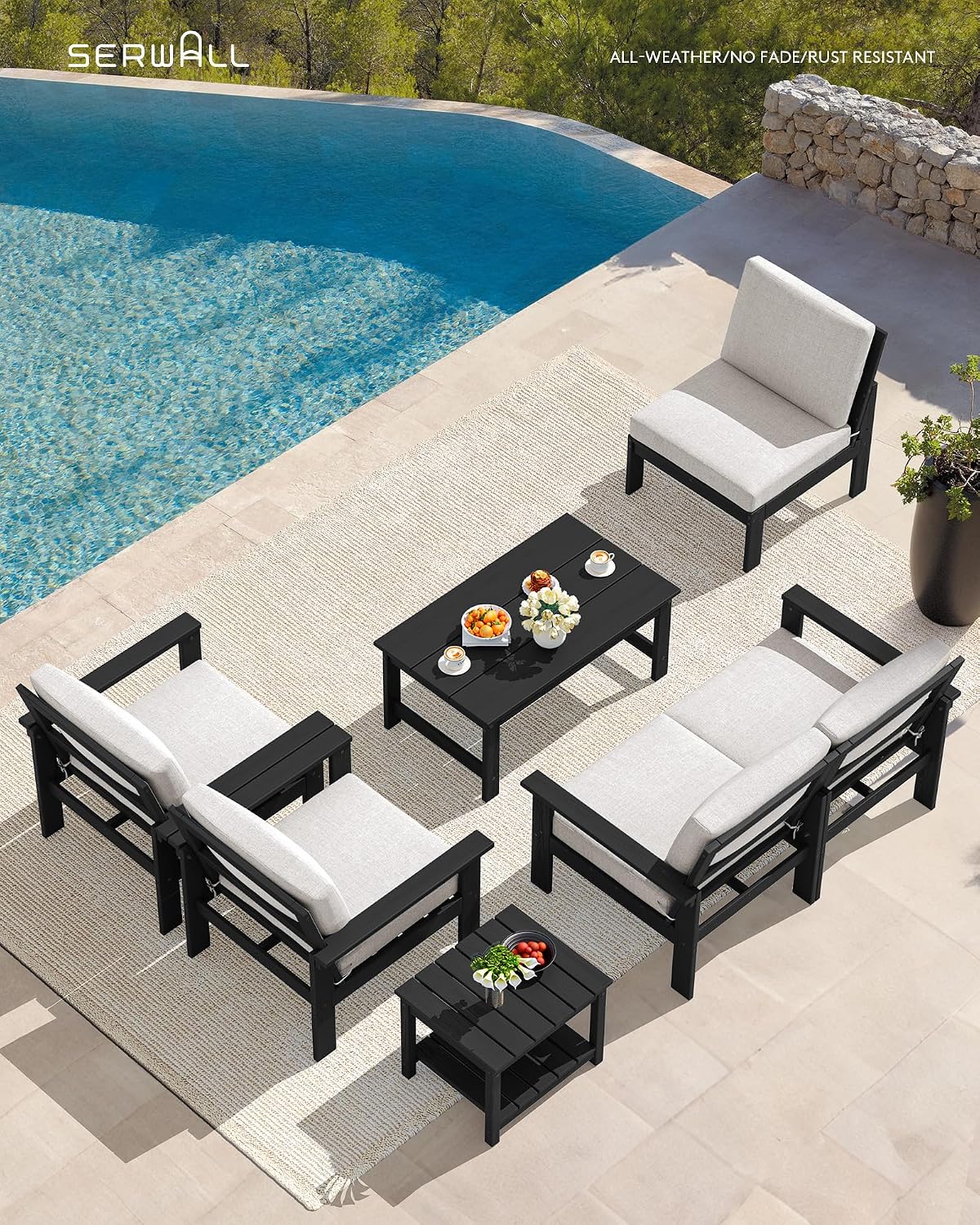 SERWALL HDPE Patio Furniture Set, 7-piece Outdoor Sectional Sofa Set, All Weather Outdoor Couch Set for Deck, Lawn, Black Frame with Khaki Cushion