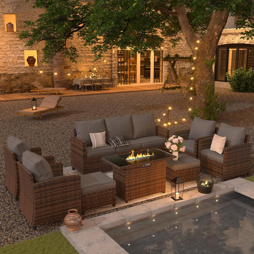 UDPATIO Patio Furniture Set with 44' Fire Pit Table, 8 Pieces Outdoor Sectional Conversation Sets, All-Weather Wicker Rattan Sofa Ottoman with 4' Thick Cushion for Garden Backyard Deck, Dark Grey